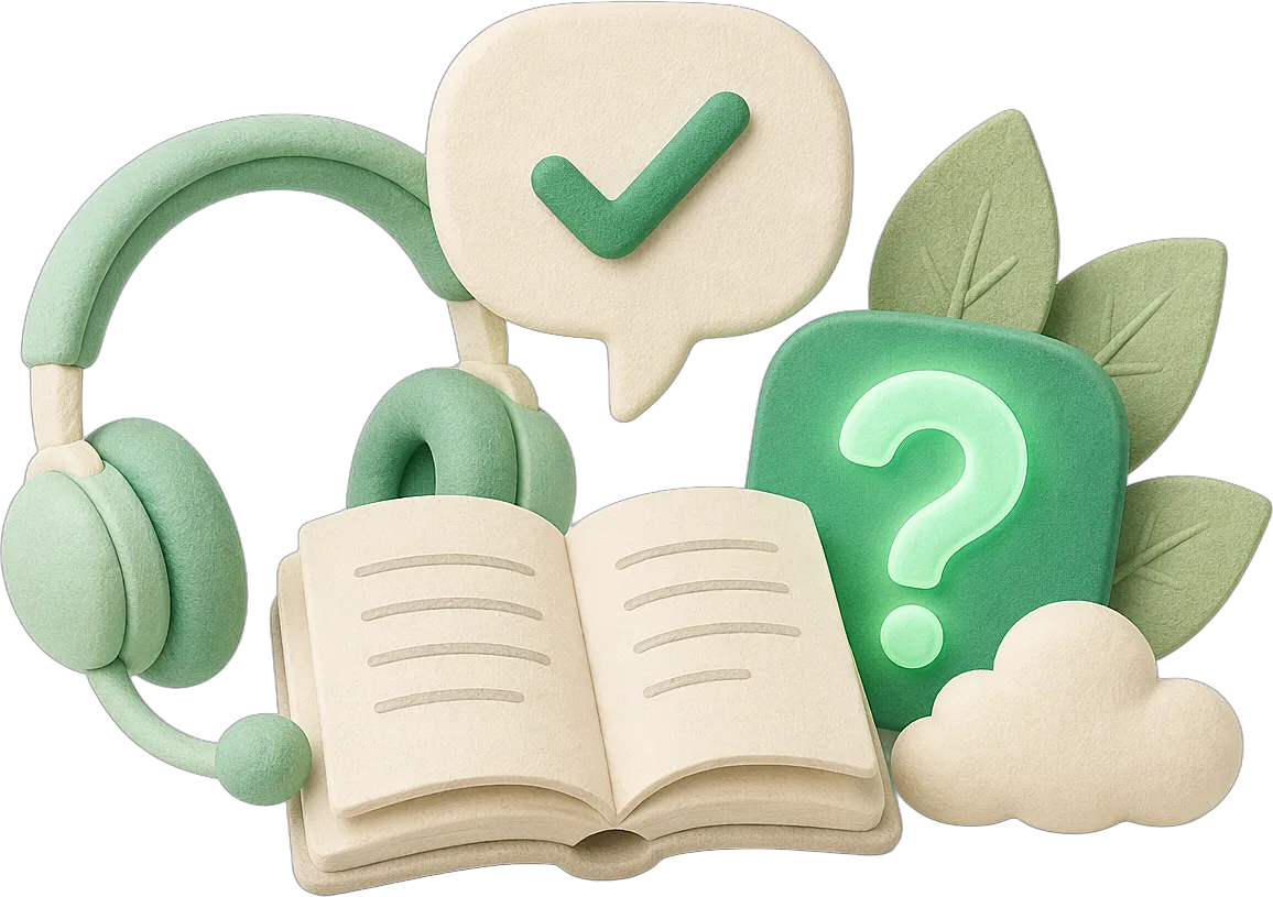 Friendly support: a headset, a chat bubble with a checkmark, docs and a question badge