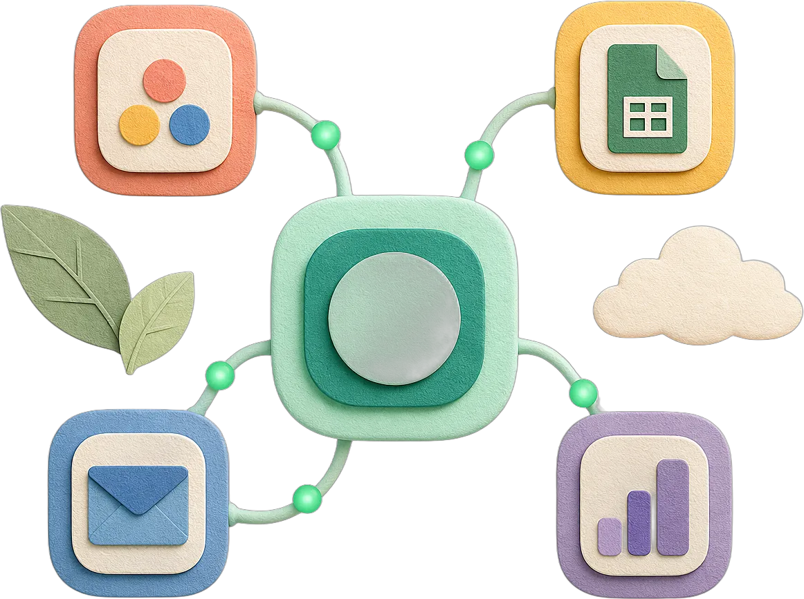 A central hub connected by cables to four app tiles, illustrating Spooled linking your stack together.