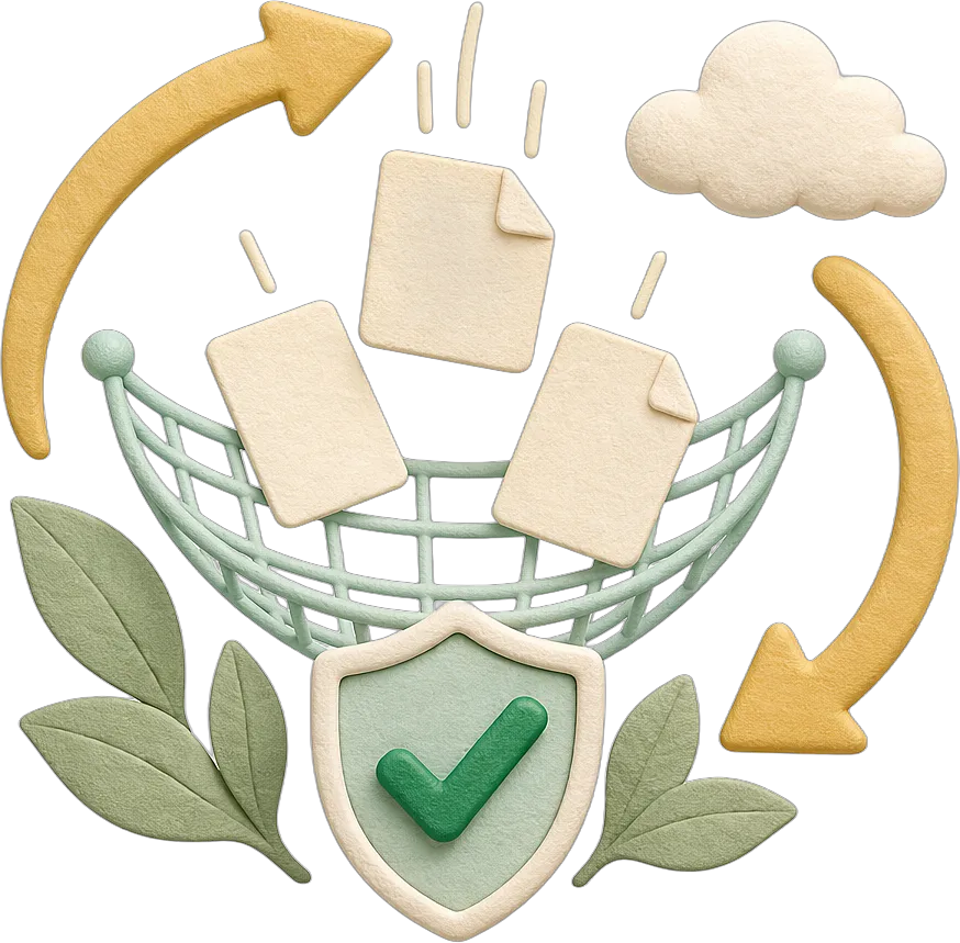 A mint-green safety net catching falling task cards, with gold retry arrows curving back up and a checkmark shield — Spooled catches what fails and retries it.