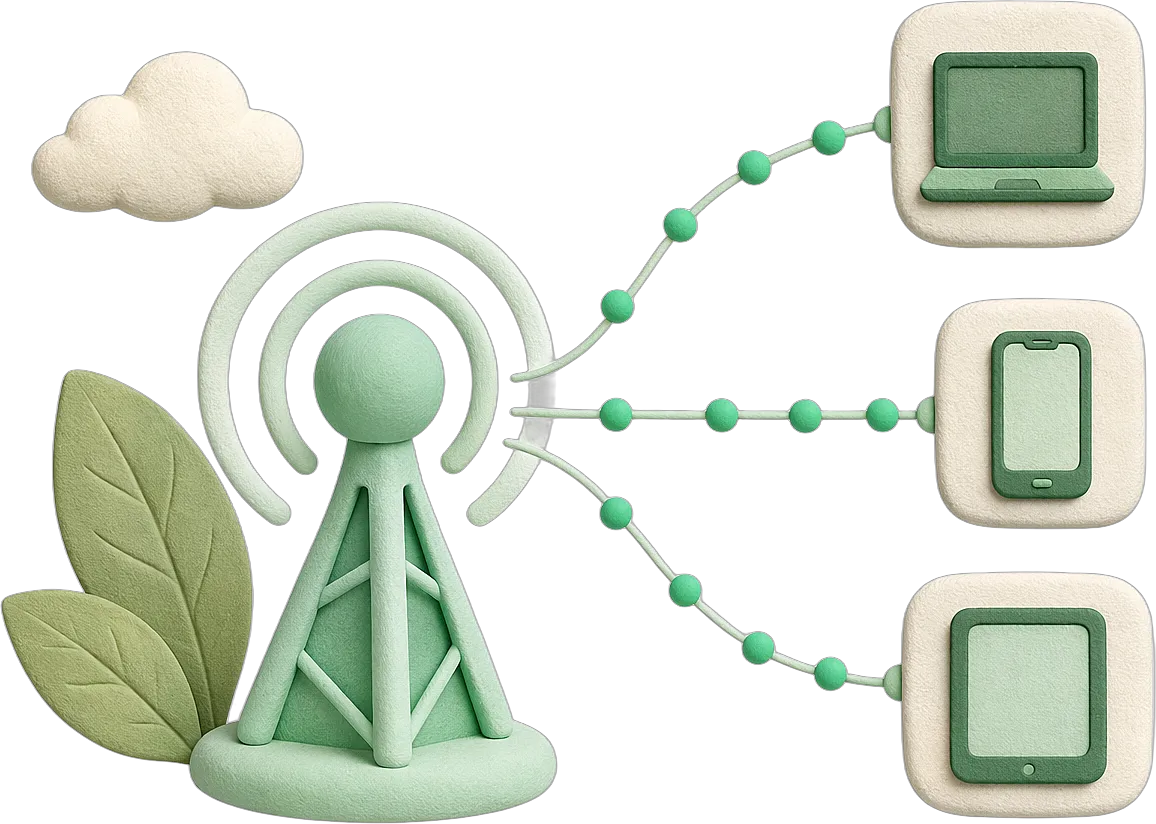 A broadcast antenna streaming dots outward to several device tiles, illustrating Spooled webhooks delivering job-completion callbacks.